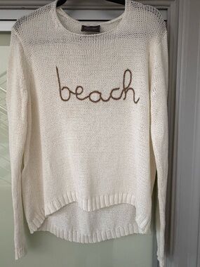 Wooden Ships Off-White Open-Knit Crewneck with Tan 'beach' Script